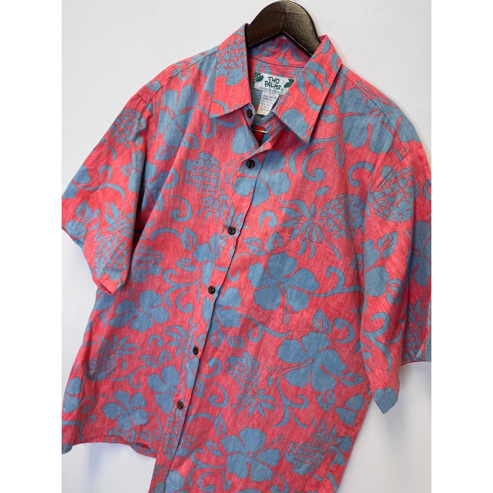 Two Palms Mens Hawaiian‎ Shirt Coral Blue Hibiscus Pineapple Print Cotton Large